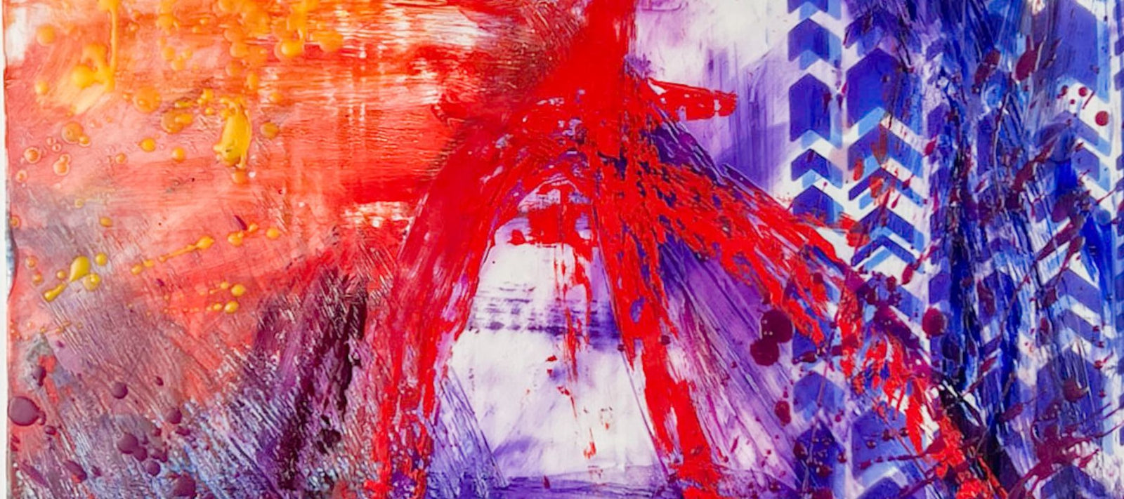 Closeup of Graffiti 1 encaustic painting with orange, blue and red.