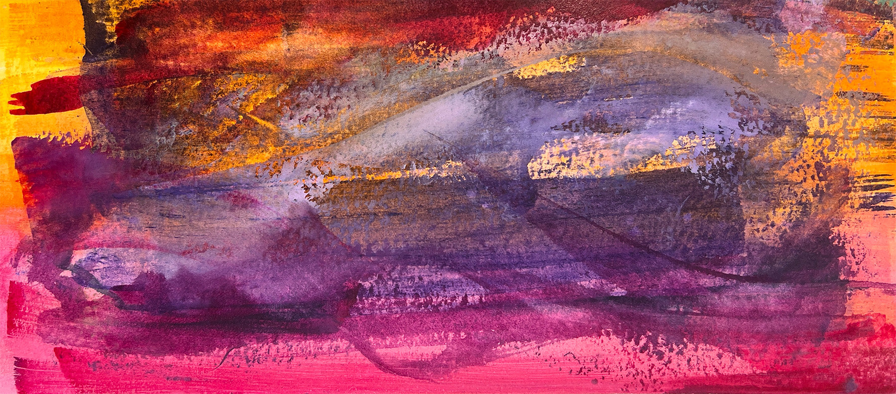 Watercolor art with purple and red streaks over a pink and orange background. 