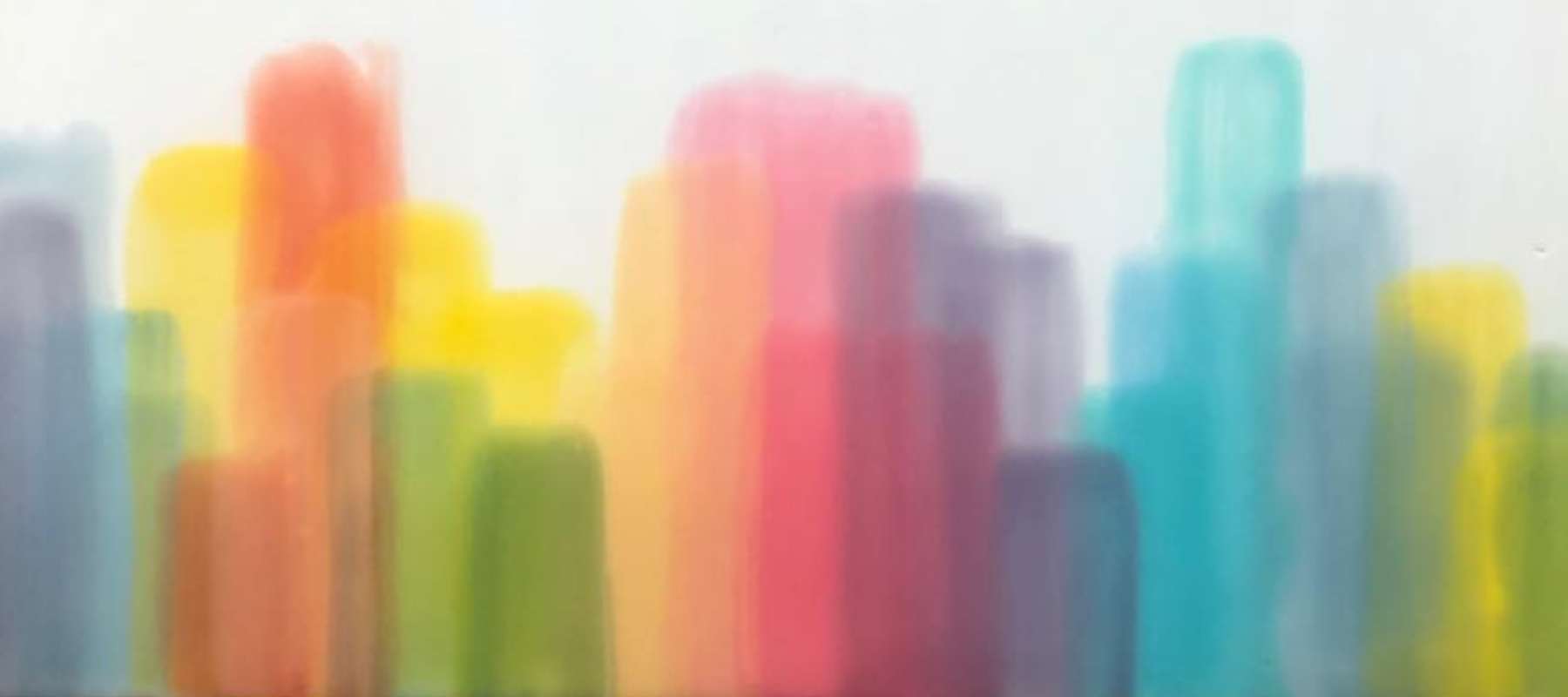 Skyline encaustic painting with overlapping transparent "buildings" in rainbow colors.