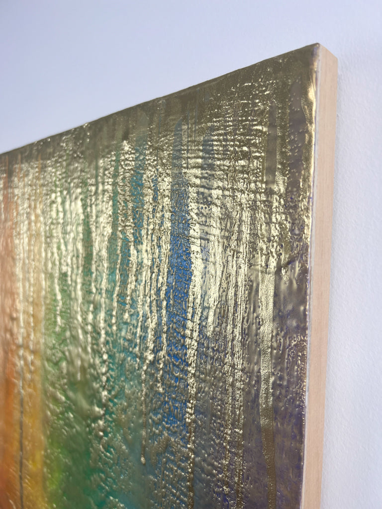 top right edge of the painting, showing the unfinished clean edges of the cradled panel. 