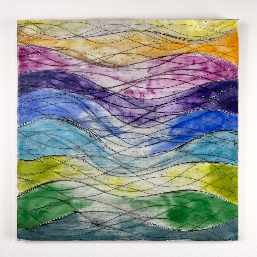 Encaustic painting, featuring a rainbow of waves that have been faded away, dirtied by black oil paint, and carved into with additional wavy lines. 