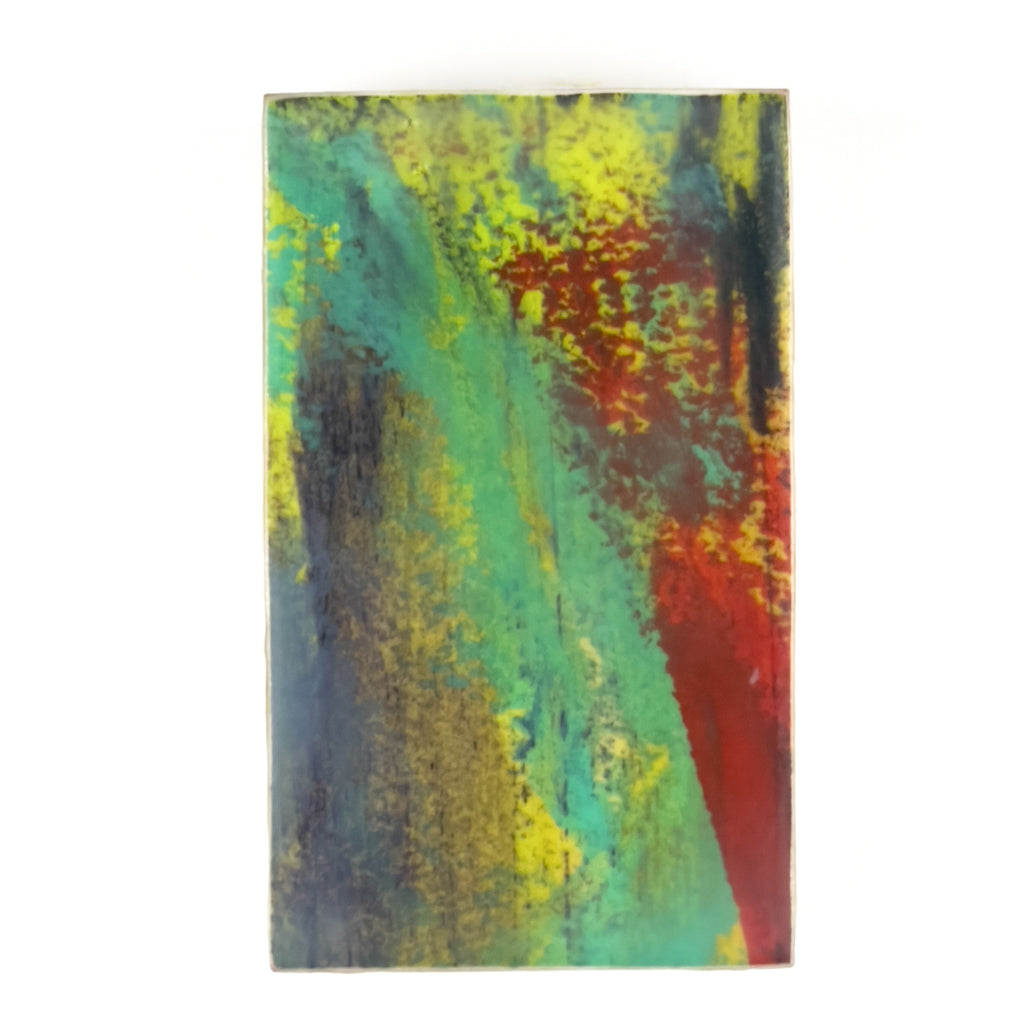 Front view of watercolor and encaustic painting, featuring layered shades of red, green, yellow and purple. 