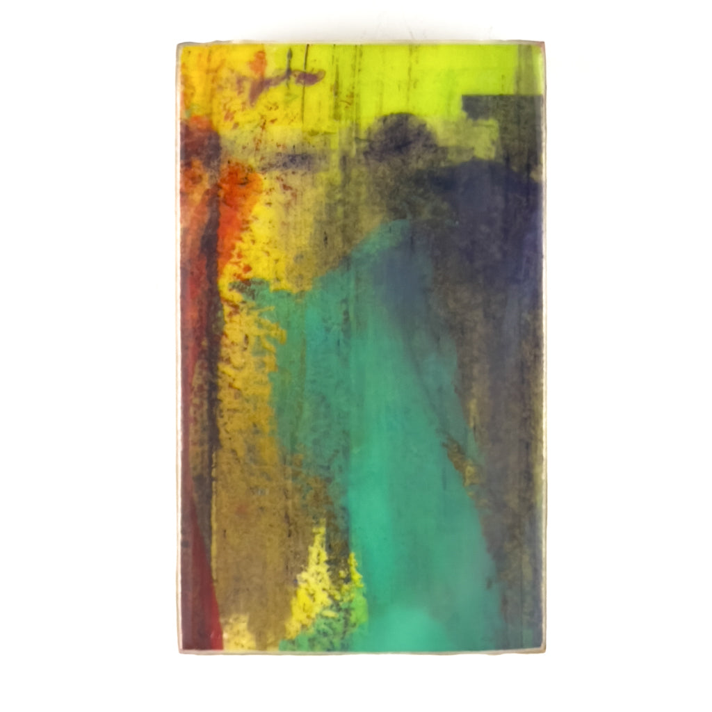 Front view of watercolor and encaustic painting, featuring layered shades of yellow, green and purple.. 