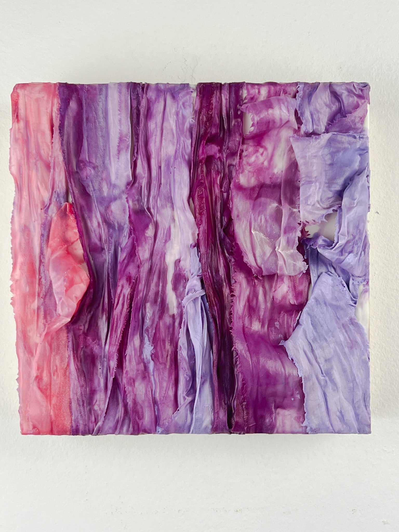 6-inch square purple encaustic and ribbon painting. 